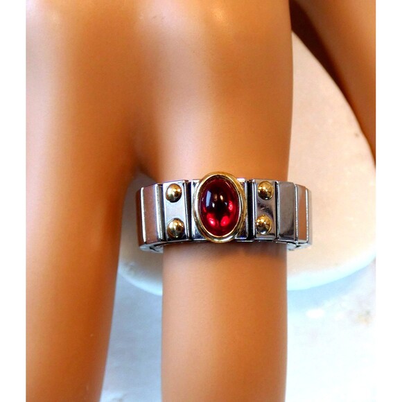 VTG Zoppini Stainless Steel 18K Yellow Gold 750 Expandable Ring Italy Red Stone - Picture 6 of 7